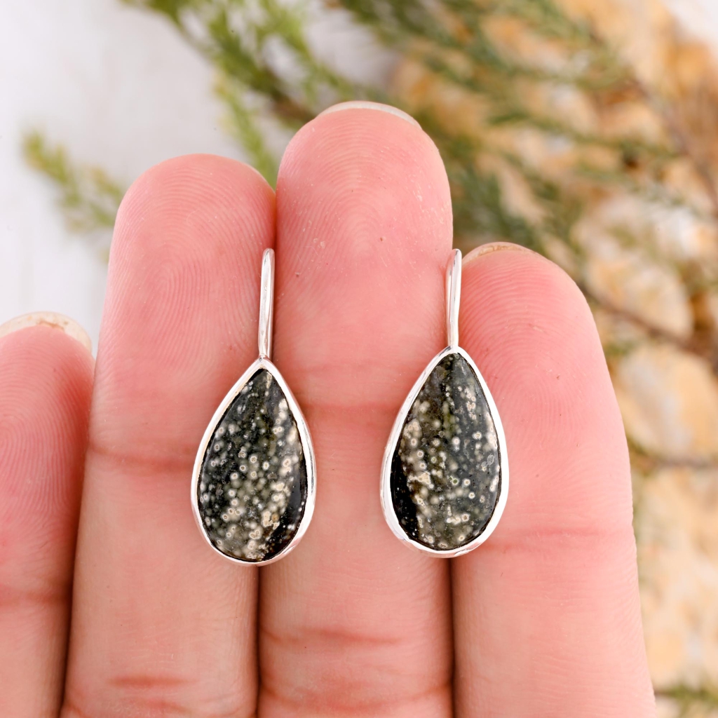 Natural Ocean Jasper Pear Shape Dangle Sterling Silver Women's Earring