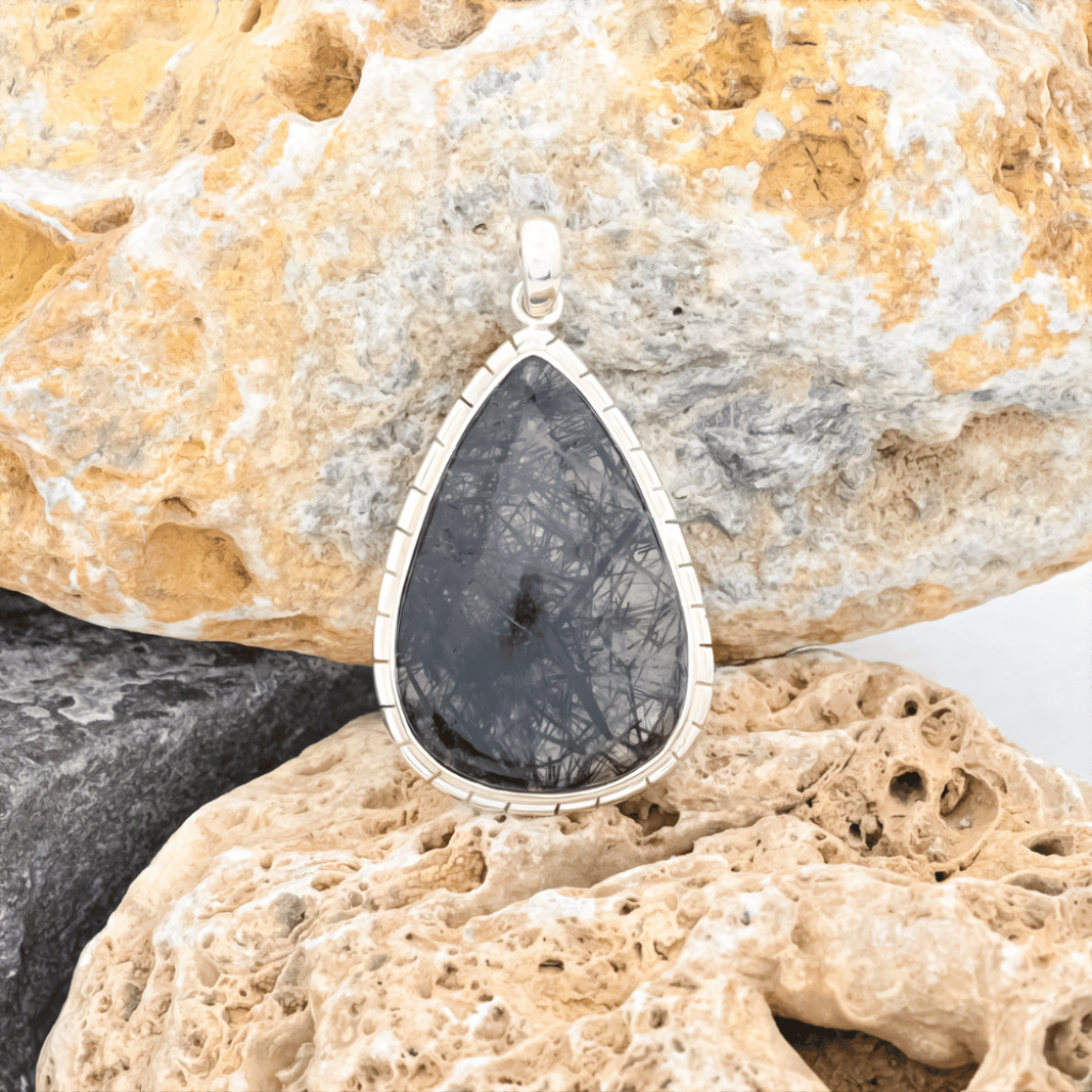 Natural Black Rutilated Quartz Teardrop Sterling Silver Pendant Jewelry