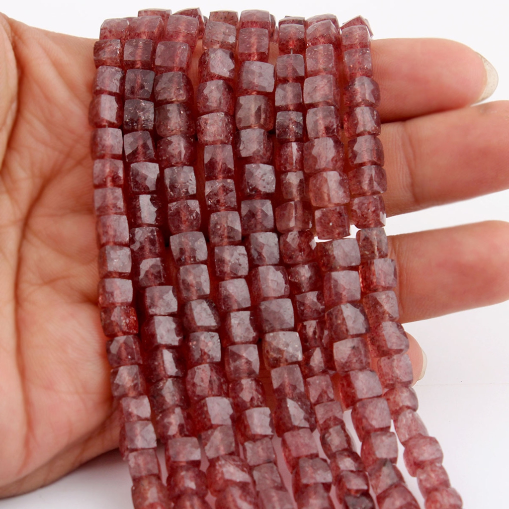 Faceted Strawberry Quartz 6mm Square Shape Gemstone Beads